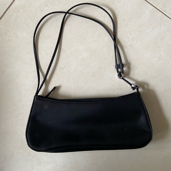 Black Satin Baguette Evening Shoulder Bag with Crystal Beads - Picture 2 of 3